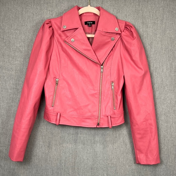 Fate Women Faux Leather Moto Biker Jacket Sz S Barbiecore Puff Sleeve Punk - Picture 1 of 13